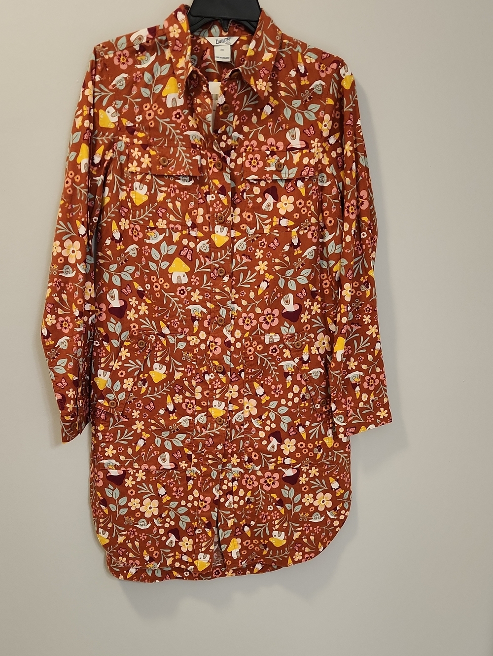 Duluth Trading Co Brown Floral Mushroom Duster Shirt Dress XS NWT Folklore Print